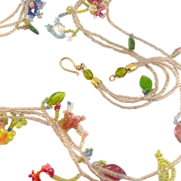 Handcrafted Multi-Color Beaded Floral Three Strand Necklace With Delicate Chain - Picture 6 of 9